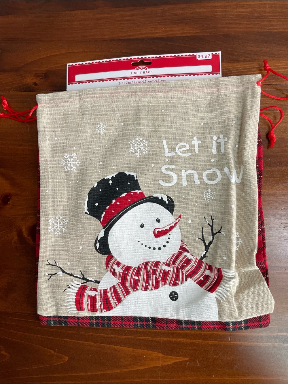 New Holiday Time 2 Pack Gift Bags- Snowman/Plaid